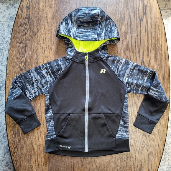 Russell Dri Power 360 Rich Black Gray Neon Zip Up Hooded Jacket Size Boy XS 4/5 - Picture 1 of 5